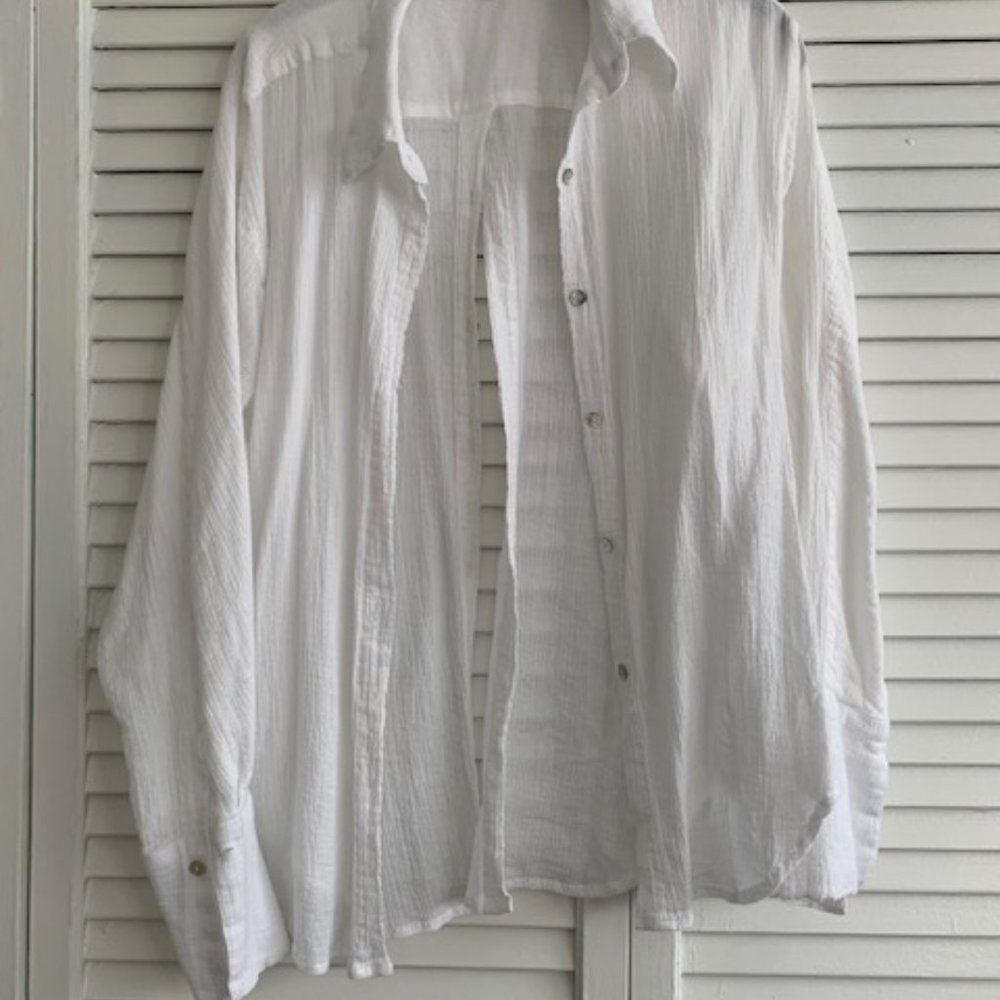 Line By K White semi-sheer button down shirt